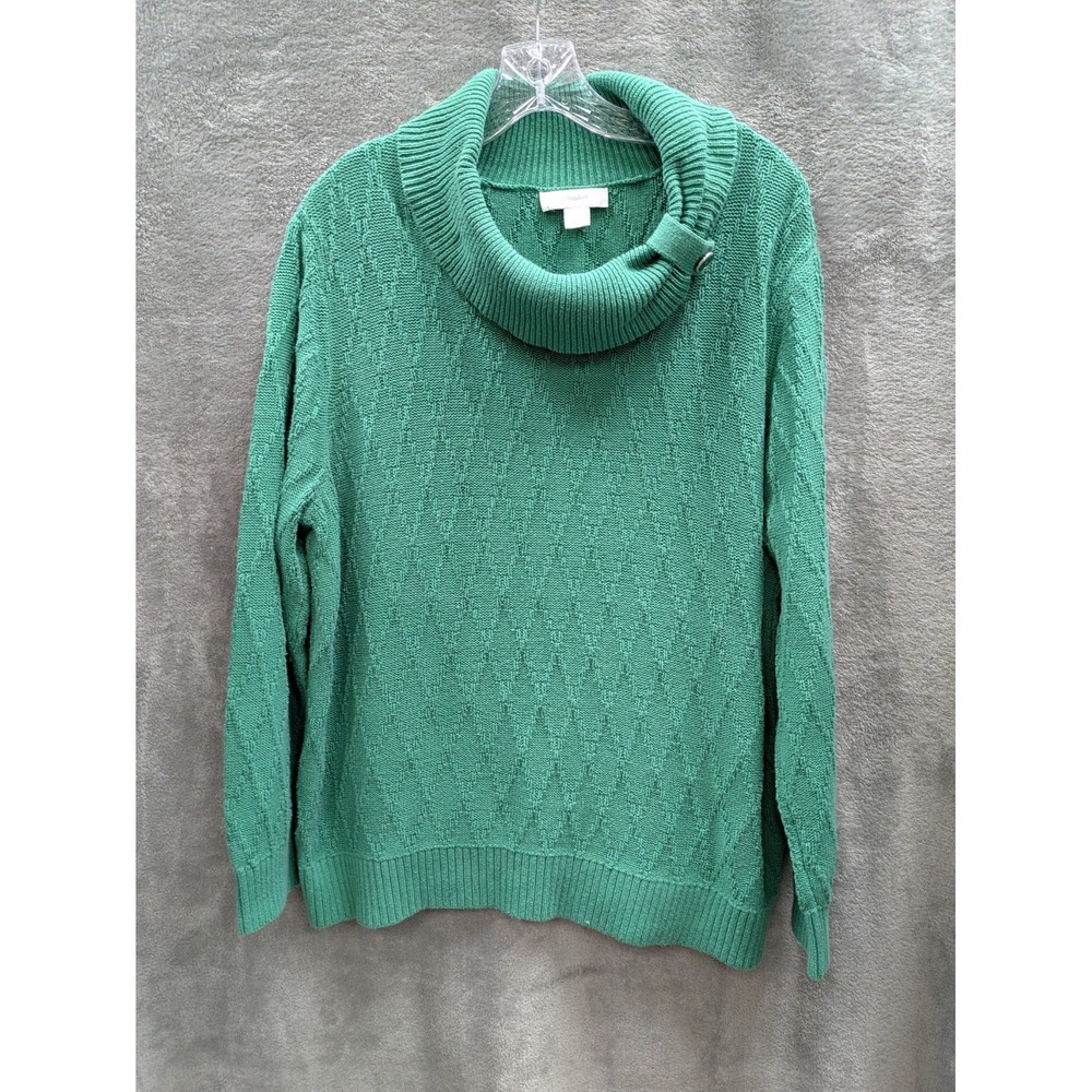 Preppy Sweater Women 1X Green Diamond Knit Cowl‎ Neck Button Accent Cozy